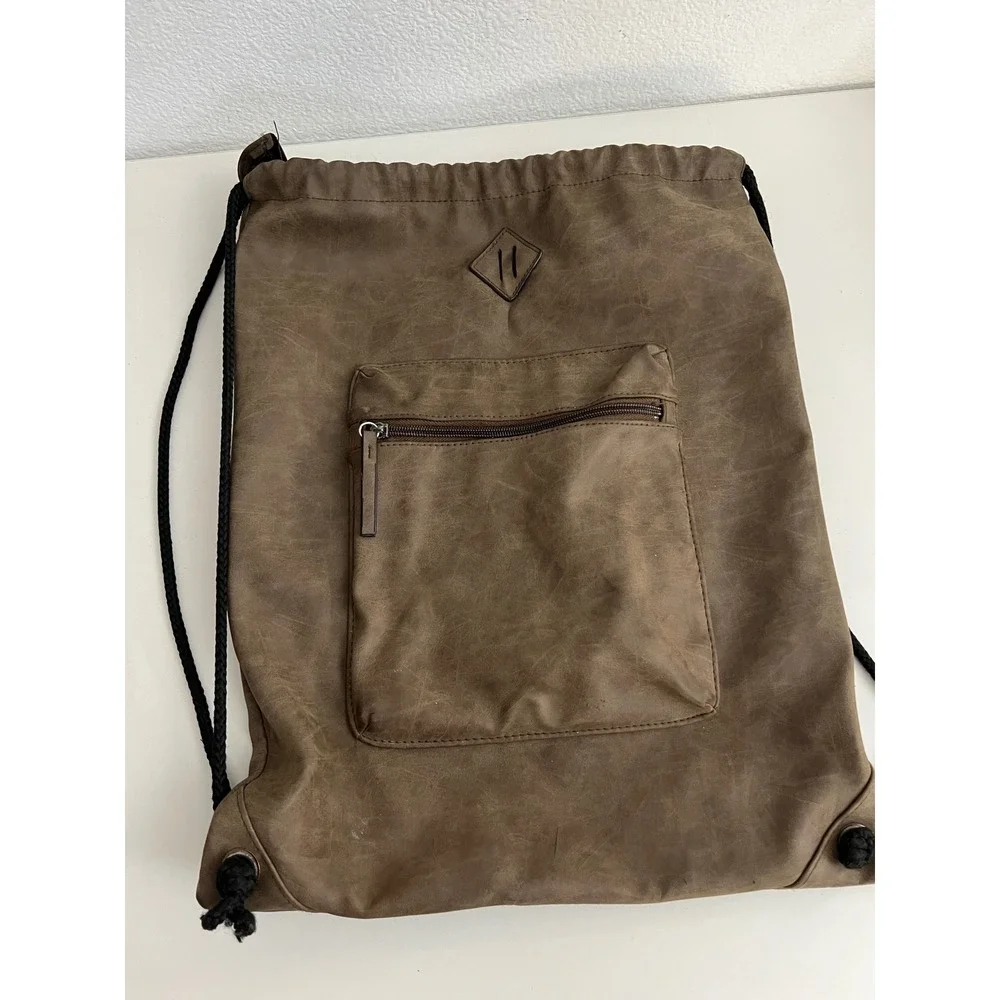 Brown Faux Leather Drawstring Backpack Bag With Front Zip‎ Pocket